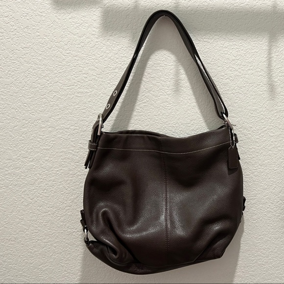 Coach Pebbled Leather Brown Hobo Shoulder Bag with Purple Lining - Picture 1 of 11